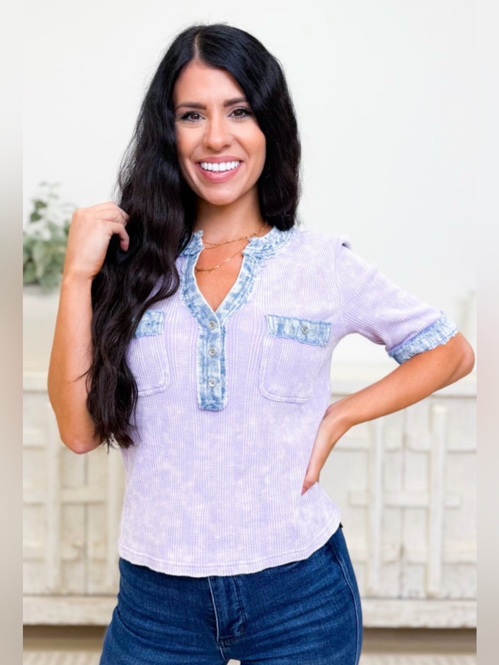 Here it Comes Top with Denim Trim